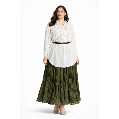 Olívazöld gyűrött hatású női maxi szoknya