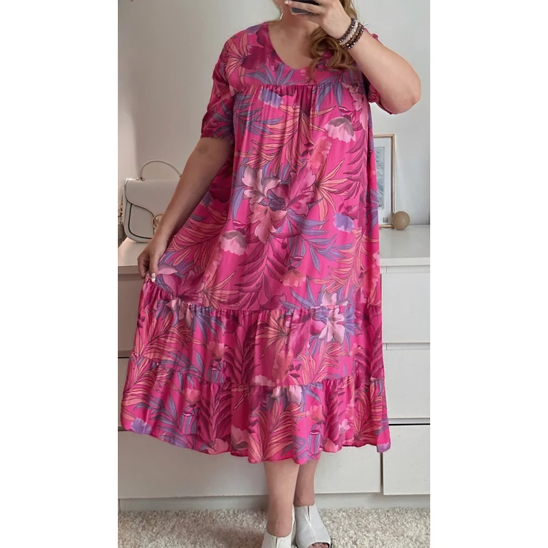 Stella hosszú ruha pink árnyalatú, levélmintás